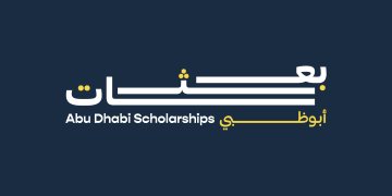 Abu Dhabi Scholarships logo with Arabic calligraphy in white and yellow on a dark navy background