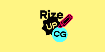 Rize UPCG logo with a black starburst around 'UP', a cyan circle around 'CG', and a pink highlighter pen, on a yellow background